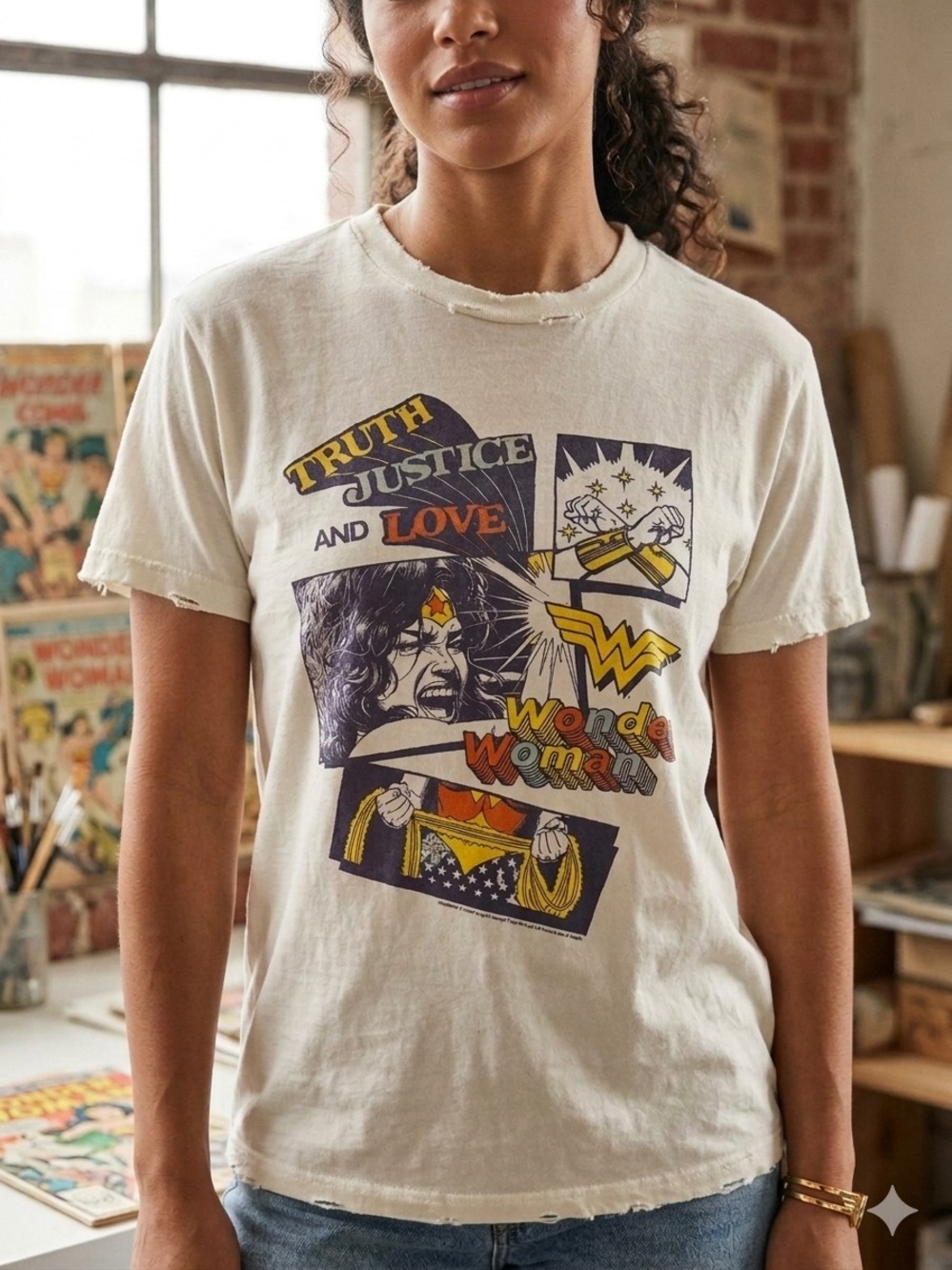 Junk Food Women’s Distressed Wonder Woman “Truth, Justice, and Love” Graphic Tee
